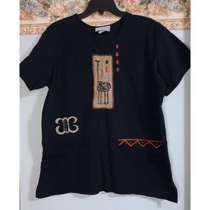 Cover Charge Medium Black USA Vintage Lagenlook Tribal Giraffe Casual Shirt